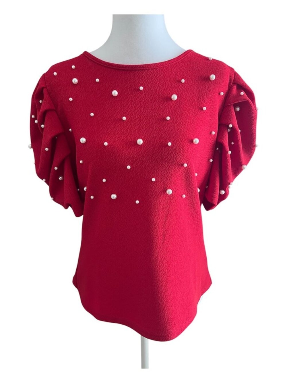 SHEIN Red Pearl Embellished Ruffle Sleeve Blouse - Size L